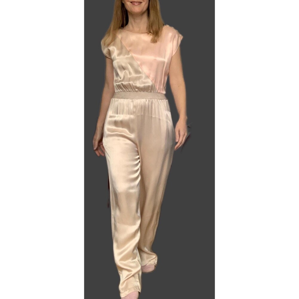 80s Satin Jumpsuit Blush Neutral Gold Sand Vintage XS